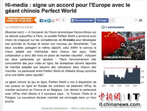 上述三家媒体均在第一时间刊发文章称：“完美世界宣布将与Hi Media集团合作，拓展其在欧洲的业务，并在欧洲市场上推出新开发的游戏《无冬之夜OL》。”
