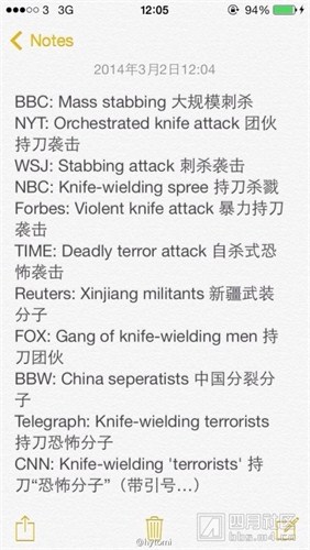 其他外媒报道昆明暴恐袭击的措辞（网友整理）